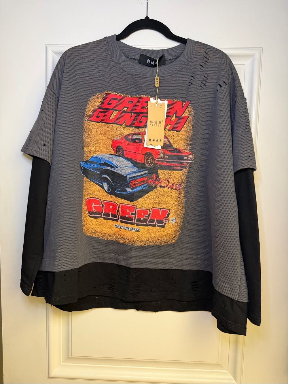 Han Qi Xuan Graphic Tee Car Distressed Layered Gray